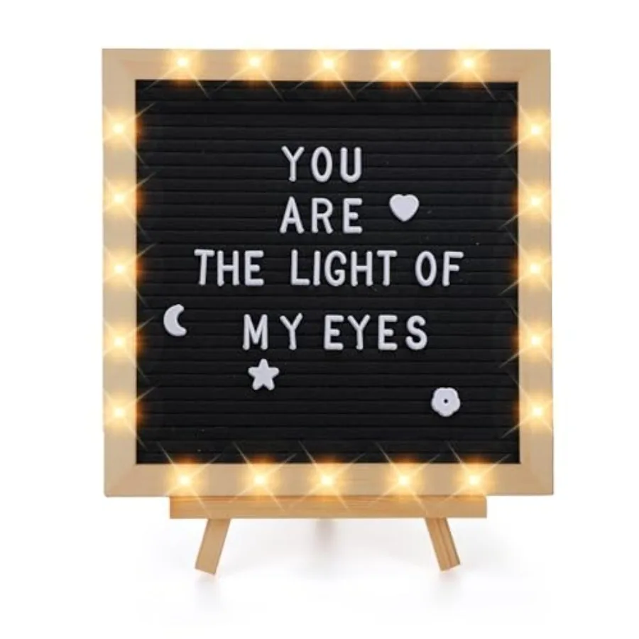 

Changeable Felt Letter Board with LED Lights - 10×10" Message Custom Signs and Wood Stand and 450 Letters Poster Board for Grad