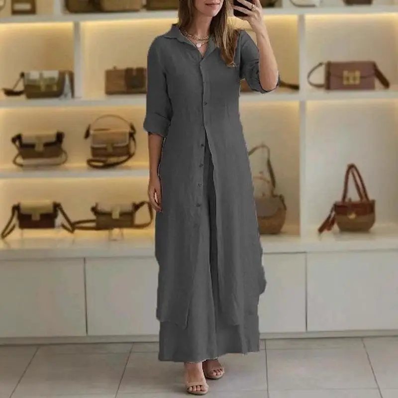 

Women's Summer Autumn Cotton Linen Waist Cinched Faion Set Tee Pieces Long Pants Street Sle Pure Color irt Long Sve