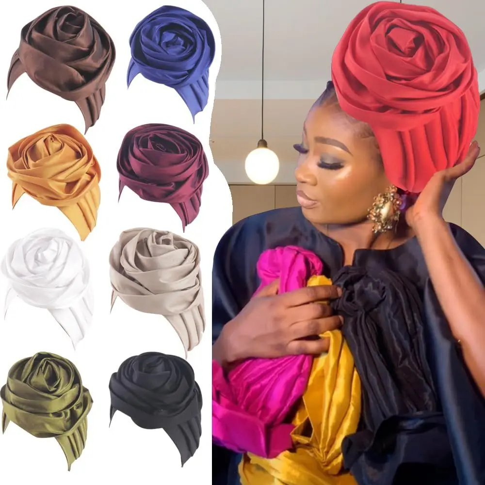 

Fashion Raw Silk African Turban Caps Big Rose Flower Headwear Head Wraps Lightweight Breathable Bonnet Party Headgear