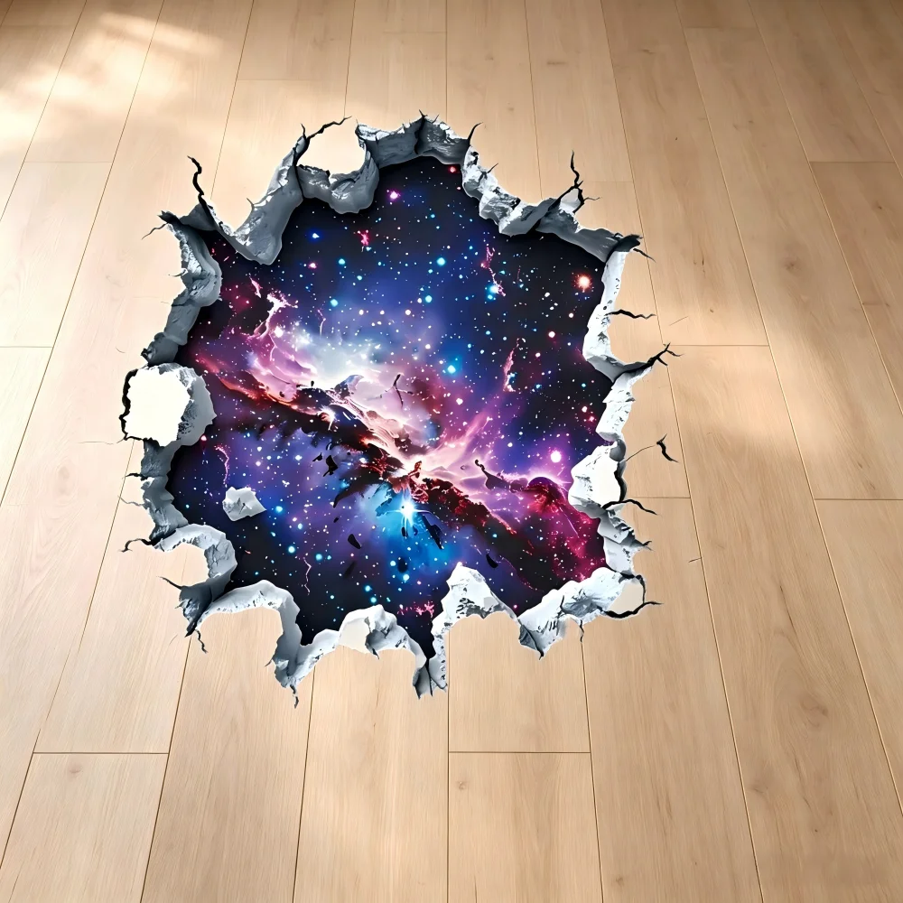 1 glowing blue purple nebula, starry sky galaxy broken wall floor sticker, home decoration sticker