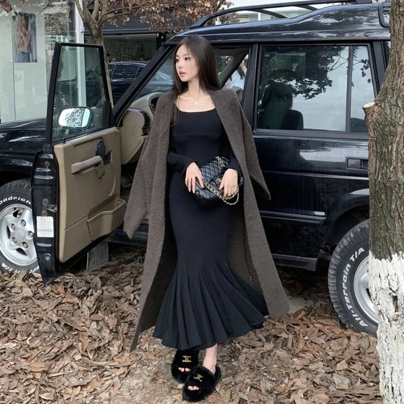 부드러운 여성용 긴팔 드레스 코튼 A라인 세일 고품질 럭셔리 섹시 K팝 비치 Y2K 피쉬테일 드레스