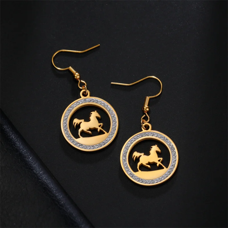 Stainless Steel Earrings Crystal Zircon Horse Pendent Korean Fashion Dangle Earrings For Women Jewelry Weddings Engagement Gifts