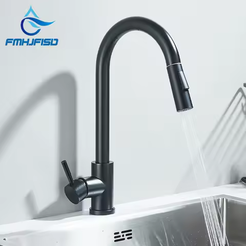 FMHJFISD Black Kitchen Faucet Pull Out Two Functions Hot and Cold Water Mixer Taps Single Handle Deck Mounted Crane Tap