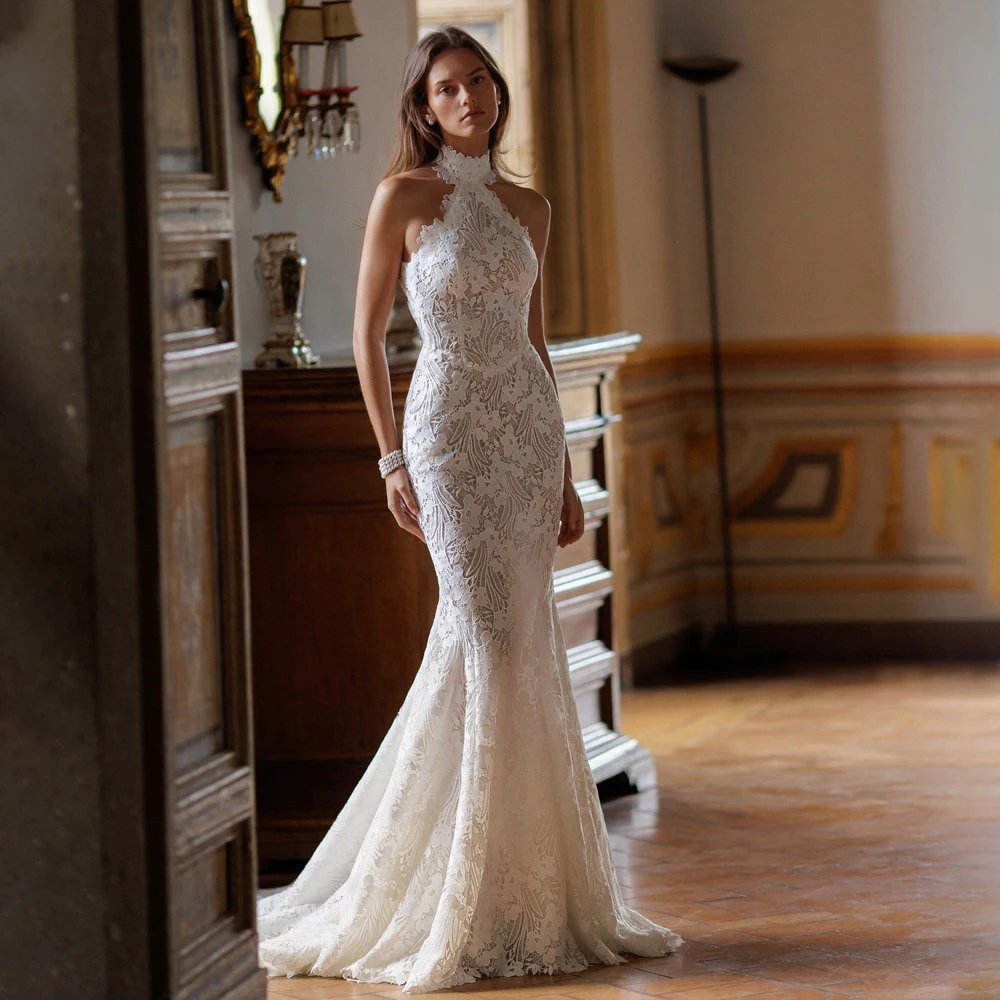 

Halter Wedding Dress Court Train Sleeveless Mermaid Bridal dress For Wedding Backless Vestidos De Novia Customized