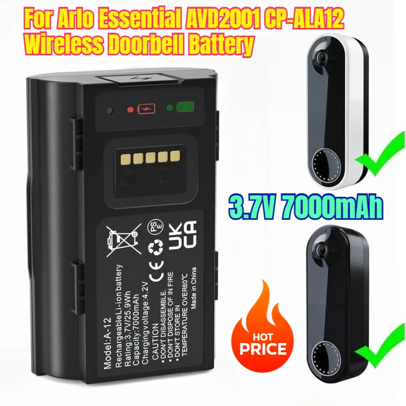 

3.7V 7000mAh for Arlo Essential AVD2001 CP-ALA12 Wireless Doorbell Battery