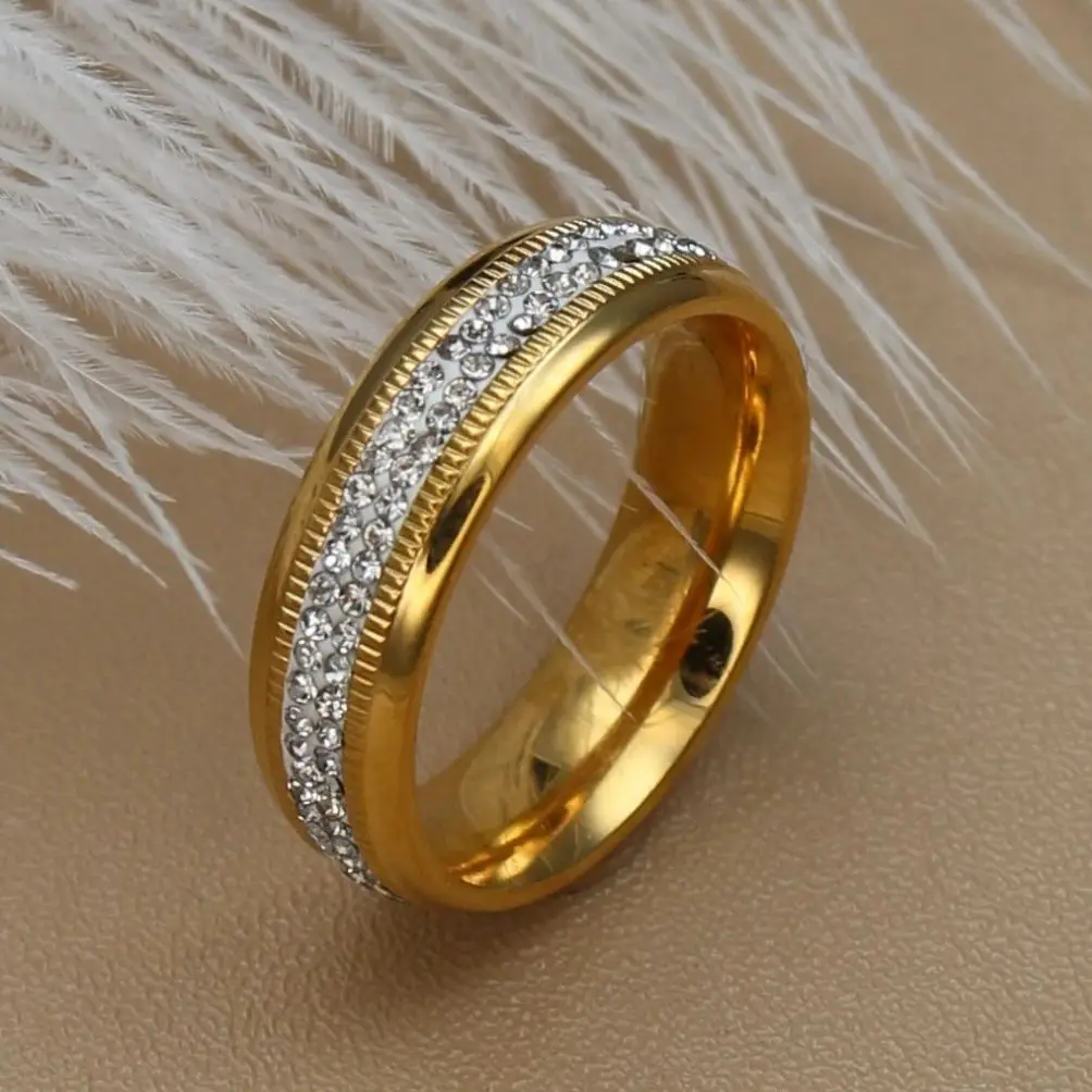 XR-028 Middle Double Circle Black Zircon Ring High Quality Stainless Steel Love Brand Gold Color Jewellery Ladies Ring Wholesale