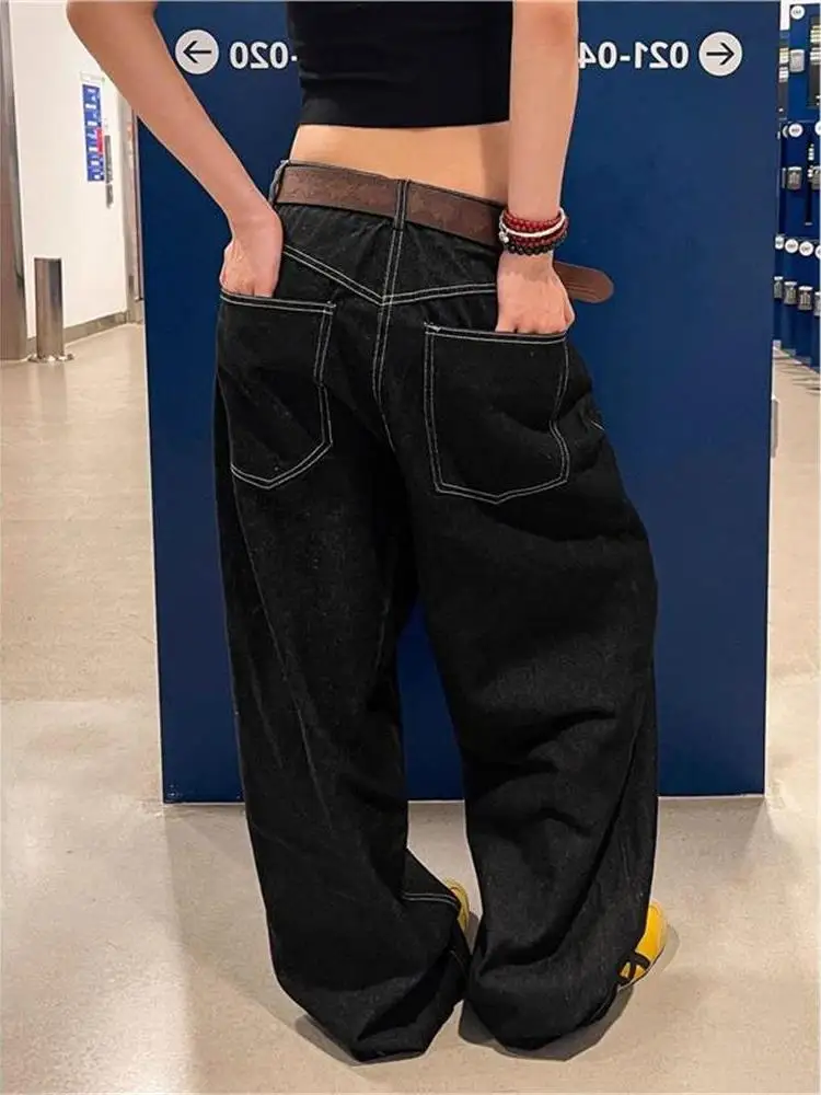 Large Size American Waed Denim Cra Print Casual Jeans Women's Loose Slimming Floor-Length Trousers High Waist Asymmetric