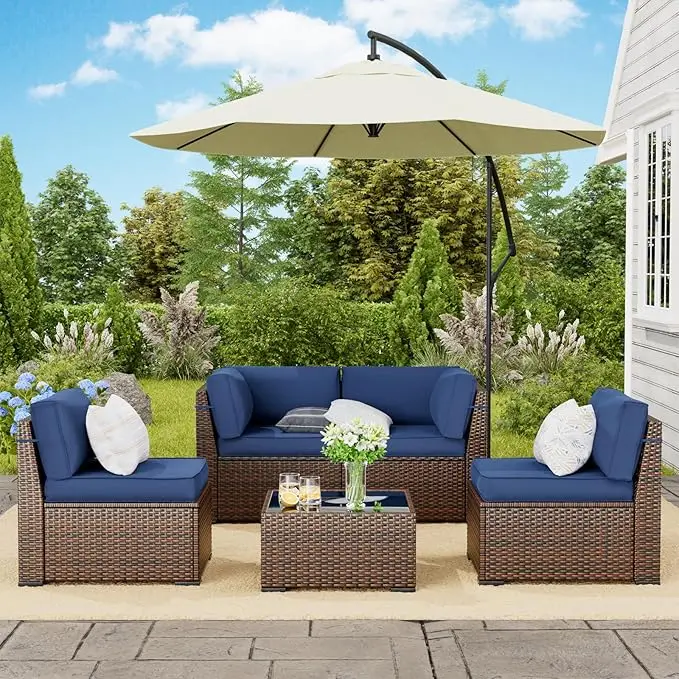 

5 Pieces Patio Furniture Set, Sofa with Slanted Back, Patio Couch with Glass Coffee Table for Backyard Garden