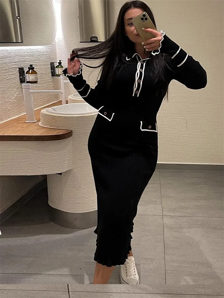 Nuevo Otoño Invierno elegante tejido largo volantes Dressres 2025 mujer botones de cintura alta cuello vuelto vestidos ajustados Mujer