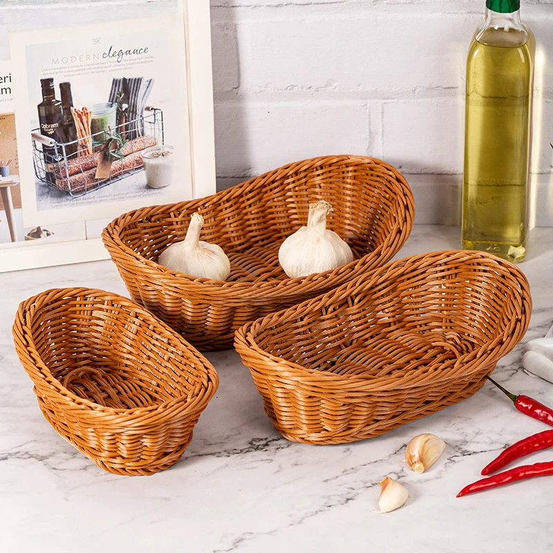 3 Pcs Oval Rattan Bread Basket Woven Food Fruit Dessert Tray Storage Basket Vegetable Breakfast Display Kitchen Organizer