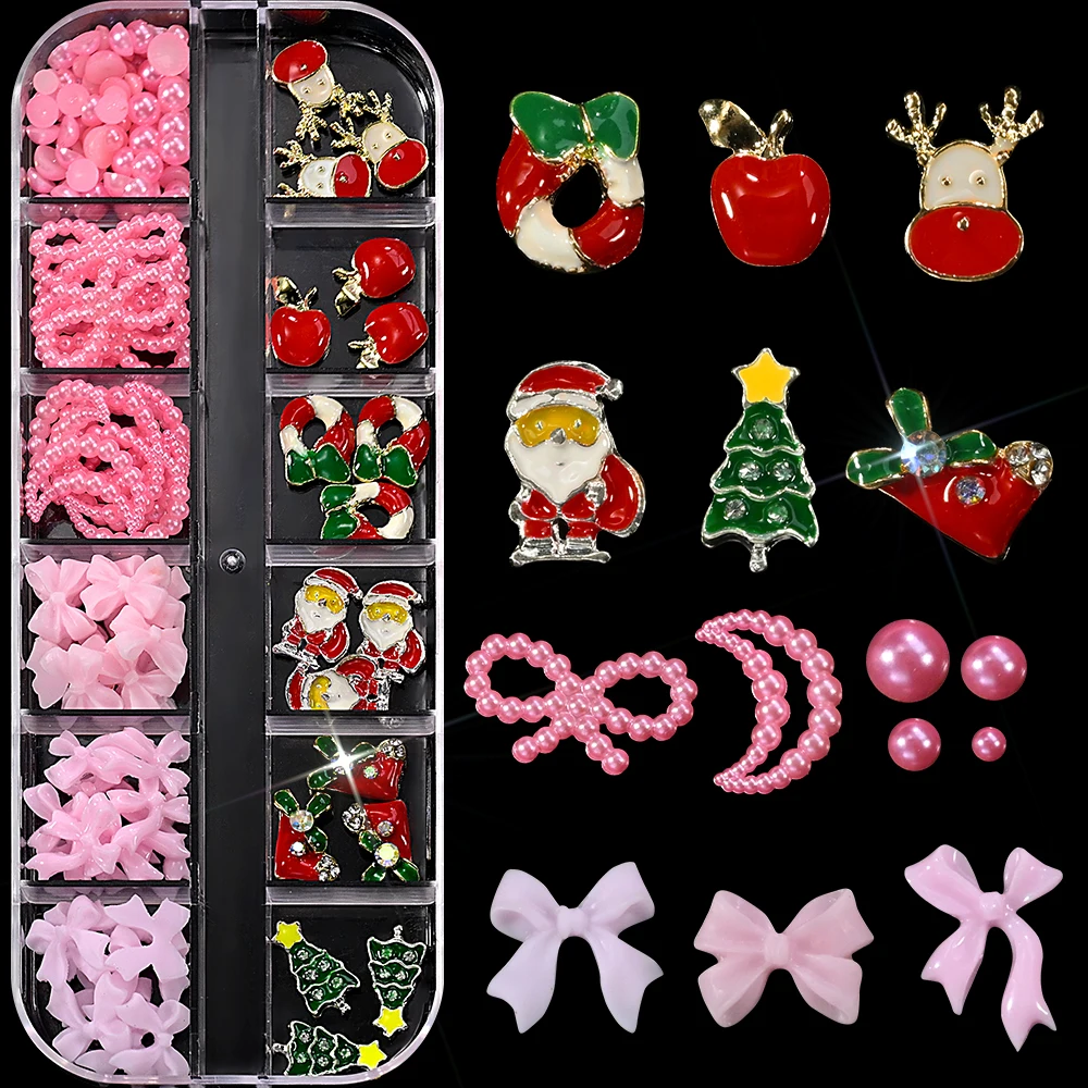 12grid/Box 3D Alloy Christmas Santa Elk Nail Art Decorations Flatback Pink Resin Bowknot Half Pearls Nail Charms Xmas Nail Suppl