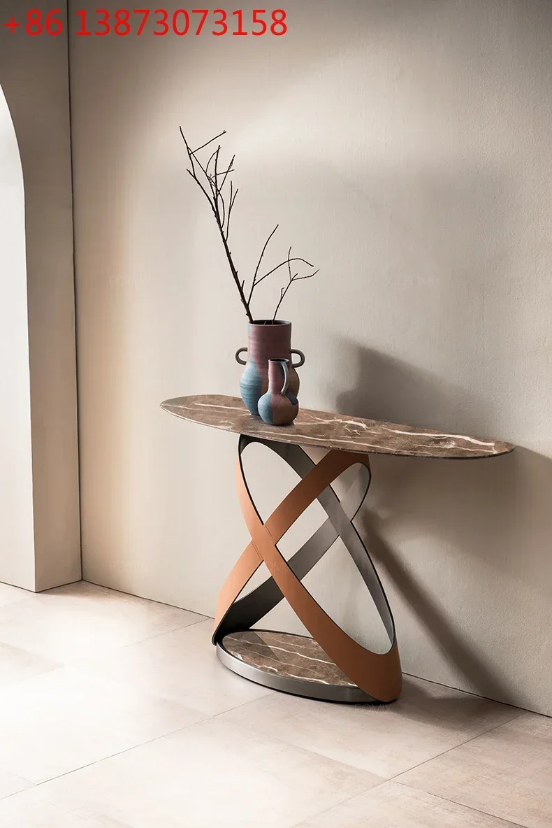 entrance platform, corridor entrance luxury stone end viewing platform, designer minimalist semi-circle entrance table