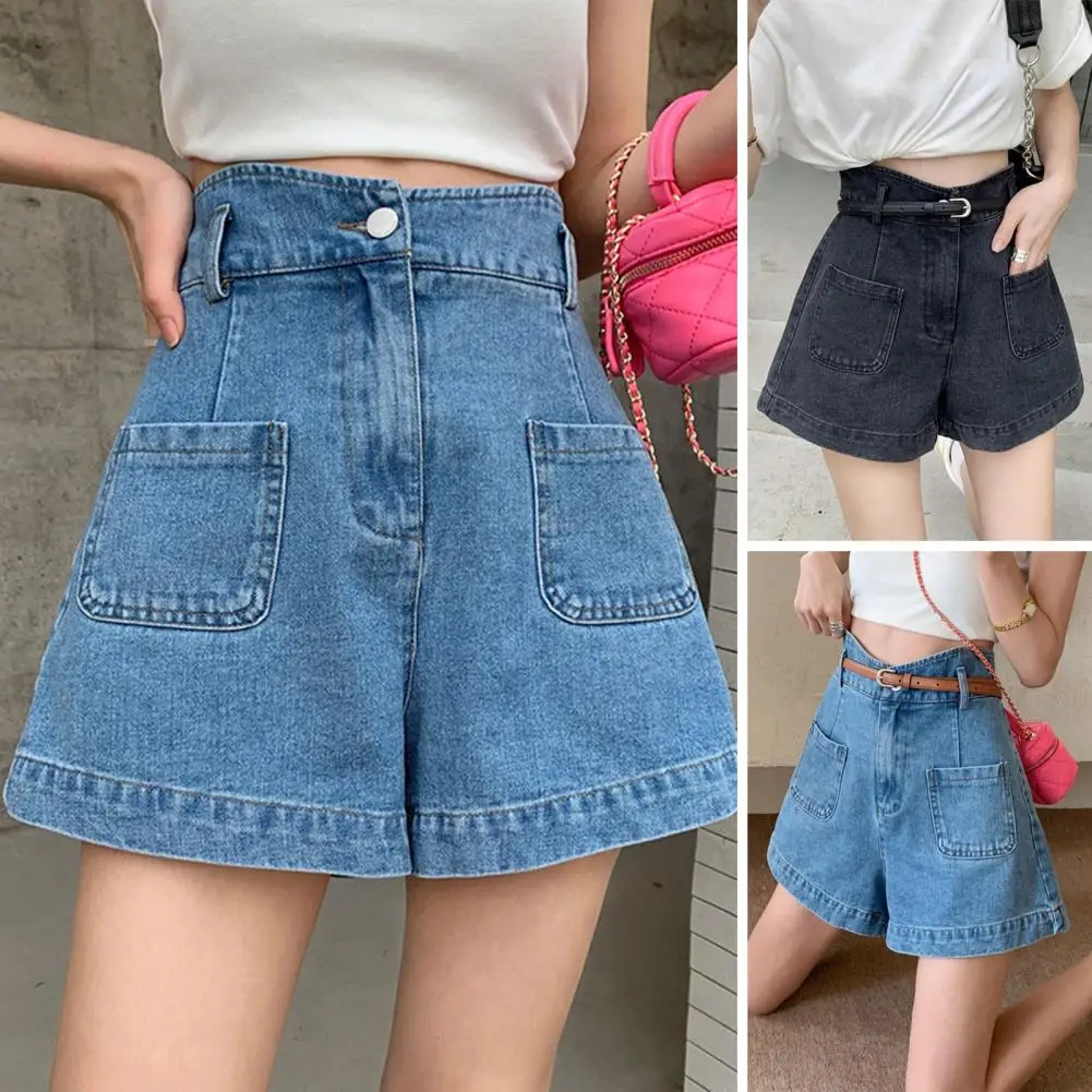 Women Denim Shorts Stylish High Waist Denim Cargo Shorts for Women Stretchy Wide Leg Summer Shorts with Pockets Trendy Fashion