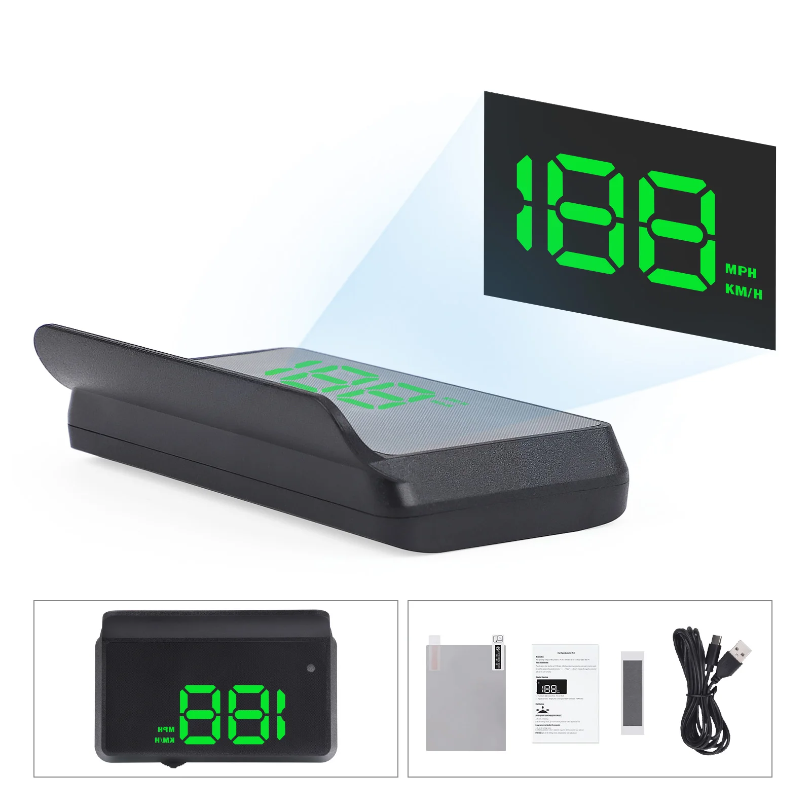CNSPEED W2 HUD Digital Speedometer For Cars Green Reflective Display Auto Brightness Adjustment 5V Setting Button KM/H MPH
