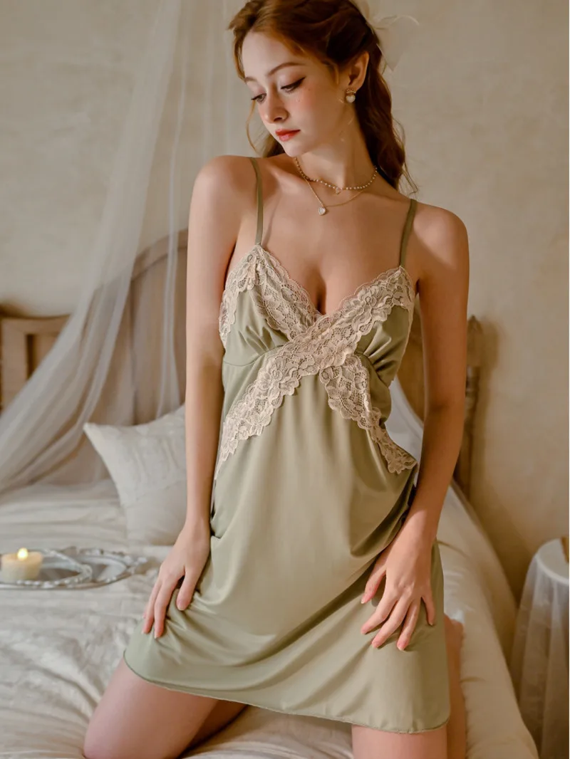 Sexy pur désir Style décontracté robe en dentelle dos nu profond V bretelles robe sans manches élégant charmant belle pour femme 8MT6