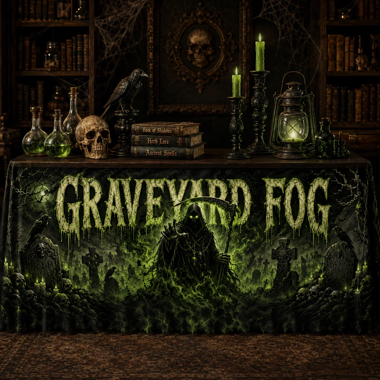 Graveyard mist-printed polyester tablecloth, Grim Reaper tombstone, Crow skull, Candles with chains, Green toxic fogxzj