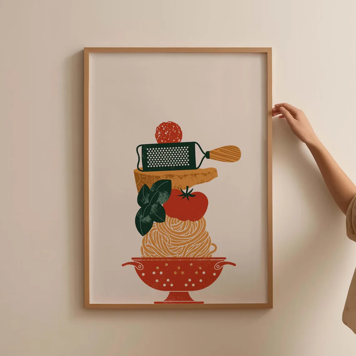 Cozy Pasta Night Wall Art - Playful Graphic Print Celebrating the Joy of Italian Cooking. The Bold, Simplified Shapes and Vintag