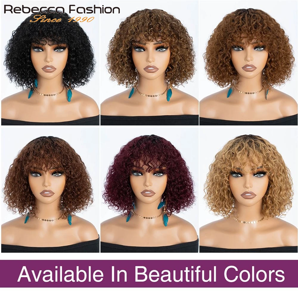 Short Curly Bob Wigs with Bangs 100% Human Hair Water Wave Glueless Wigs Through and Go 150% Density Ombre Honey Blonde Color