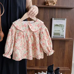 2024 Korea Baby Girls Fall Clothes Lovely Flower Blouse for Girls Toddler Girl Floral Lolita Blouse Children Shirts Pearl Lapel