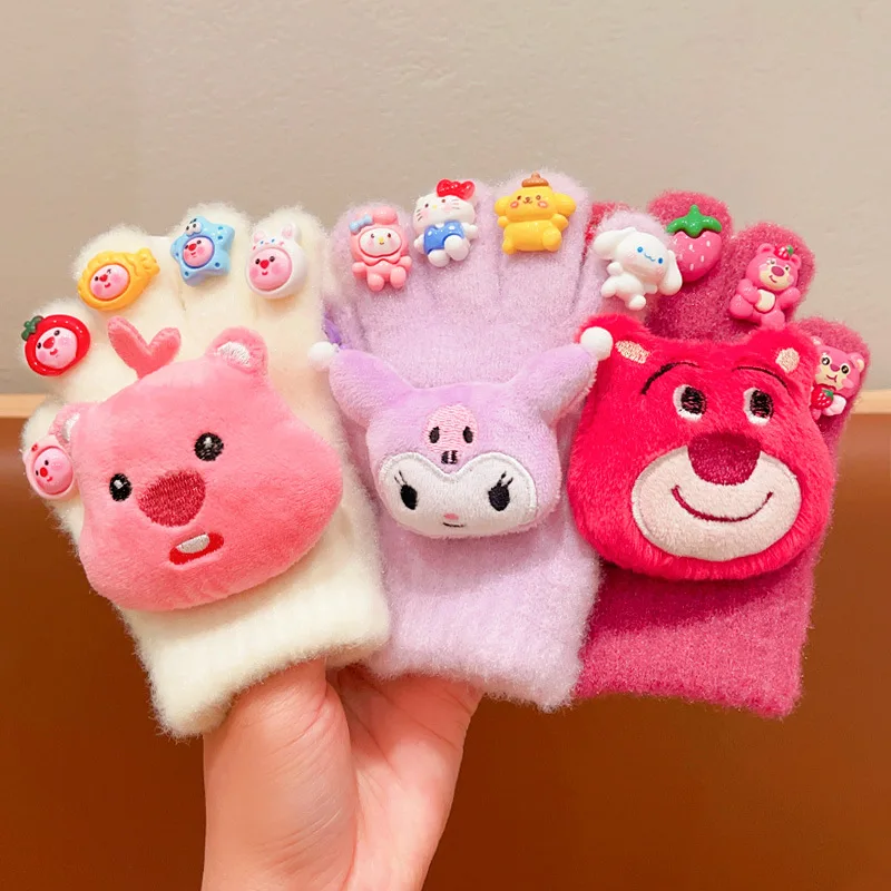 Lots-o'-Huggin' Bear Children's Gloves Autumn Winter Warm for Girls Ages 3-8 Sanrio Cartoon Fleece Lined Fingered Gloves