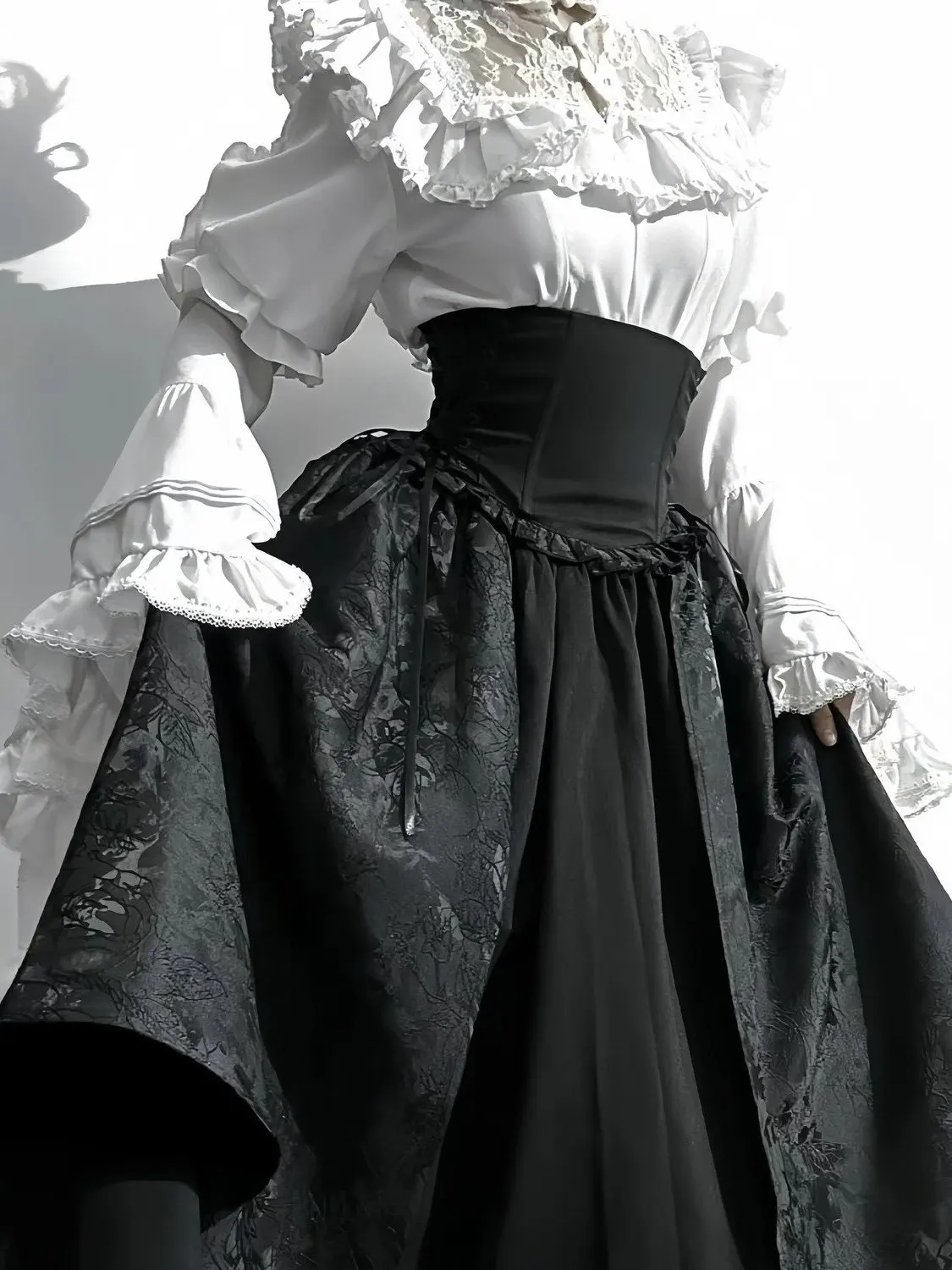 

Elegant Gothic Court Style Shirt Sleeve Dress White Two-Piece Set for Women High Waist Skirt Long Dress Fashionable Trend