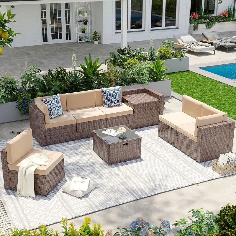 

8-Piece Patio Furniture Set, Wicker Outdoor Sectional Sofa with Large Storage Table & Waterproof Cover, Patio Conversation Set