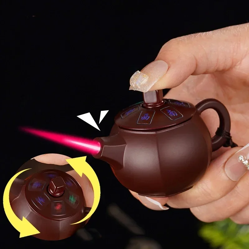 Creative Teapot Gas Lighter Adjustable Flames with Playing Inflation Windproof Red Flame Cigarette Accessories Unique Gift