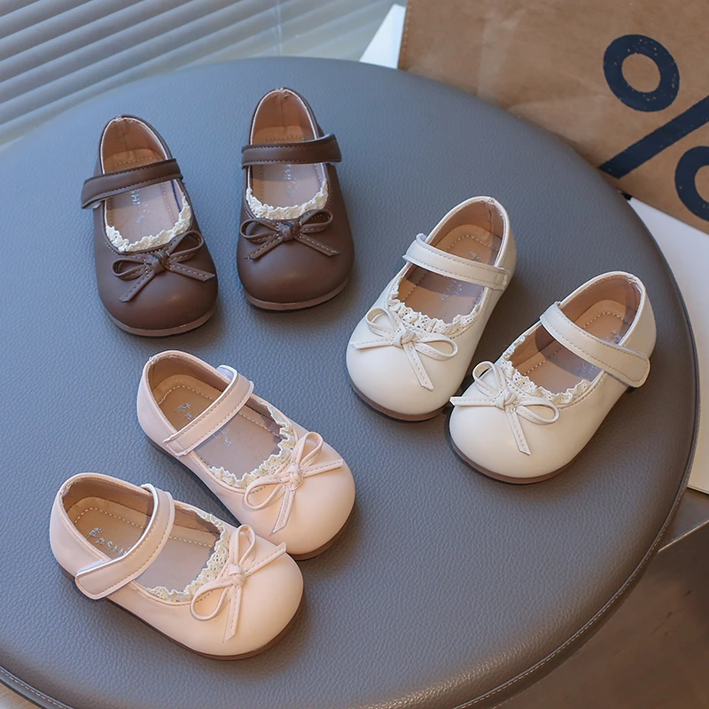 

2026 Spring New Children Leather Shoes for Girls Fashion Korean Style Soft Sole Anti-slippery Versatile Princess Lace Baby Shoes
