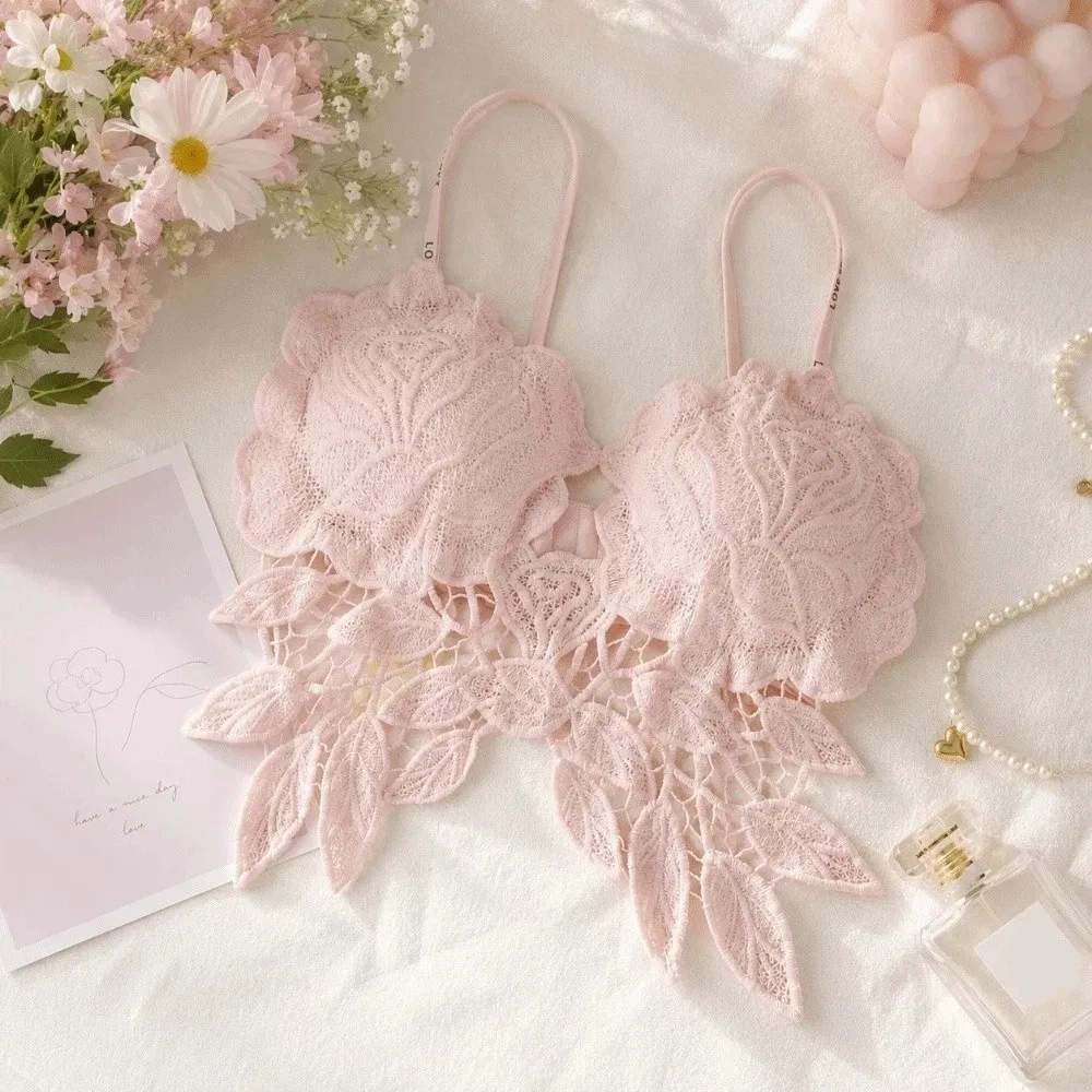 Breathable Slim Fit Lace Camisole Hollow Out Flower Leaves Crop Top V-neck Design Push-up Underwear Beach Wear