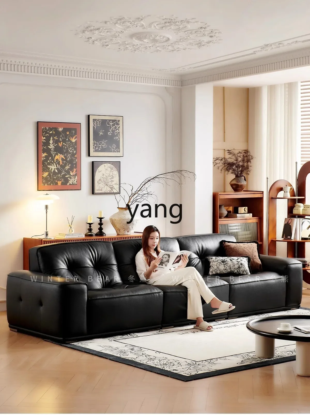 

CX black King Kong sofa living room straight row antique retro big black cow tofu block leather sofa
