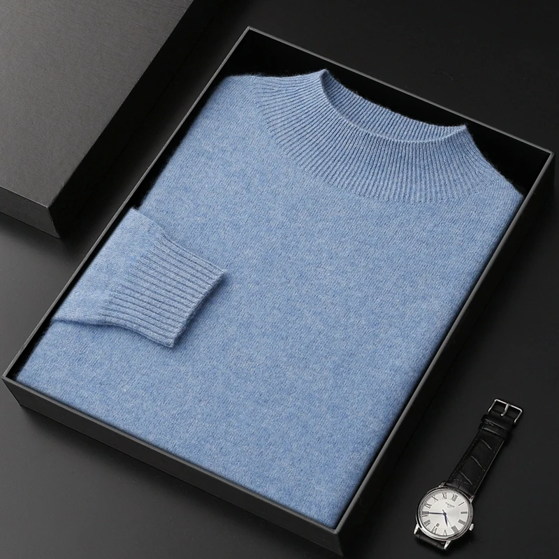 Men's Business Casual Clothing Autumn and Winter Warm Base Sweater 100% Cashmere Semi High Neck Pullover Plus Size Tops Sweater