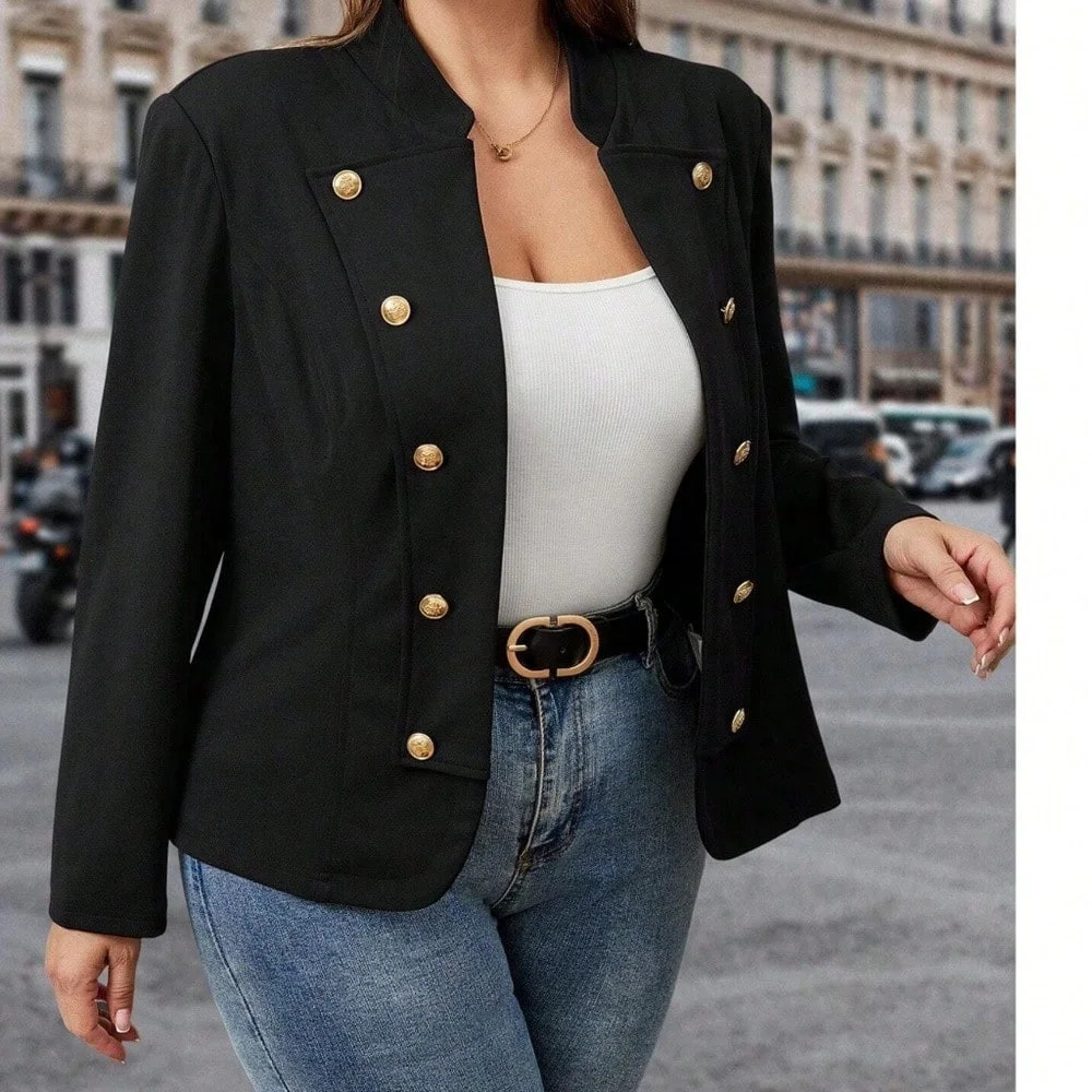 Plus Size Women Blazer Jacket Stand Collar Double Breasted Gold Button Long Sleeve Slim Office Short Outerwear Black Fall Winter