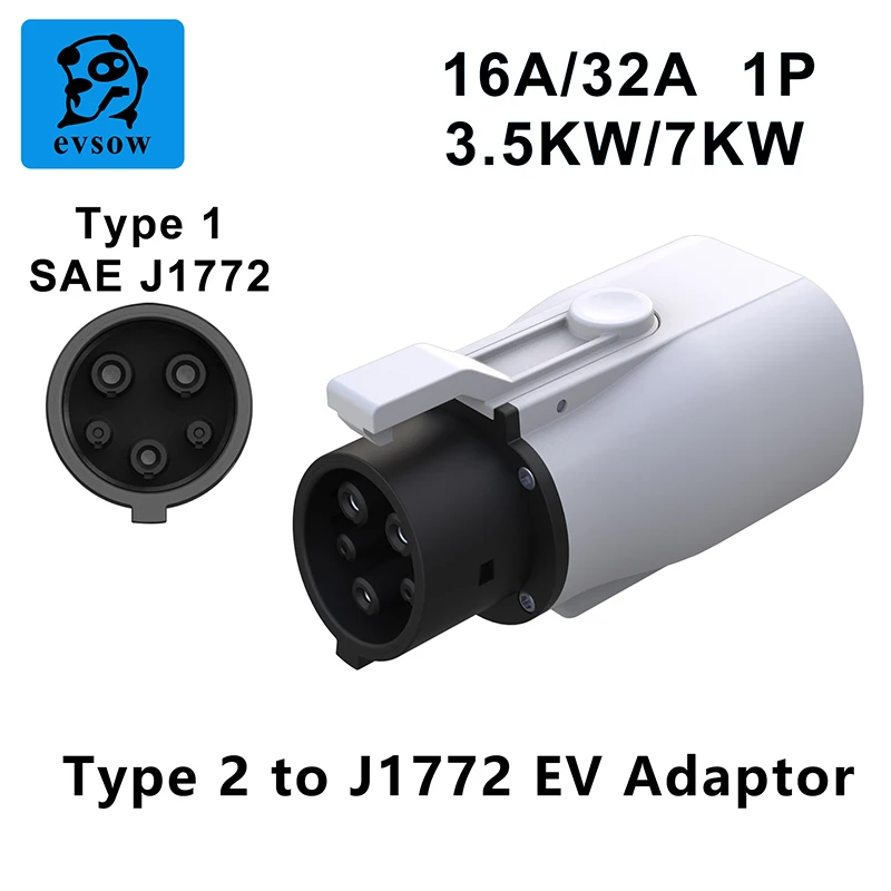 evsow Type2 Car Charger Adapter 16A/32A Type2 to Type1 Adapter For Electric Vehicle Charger Plug 1Phase 7.2kw EV Charger Plug