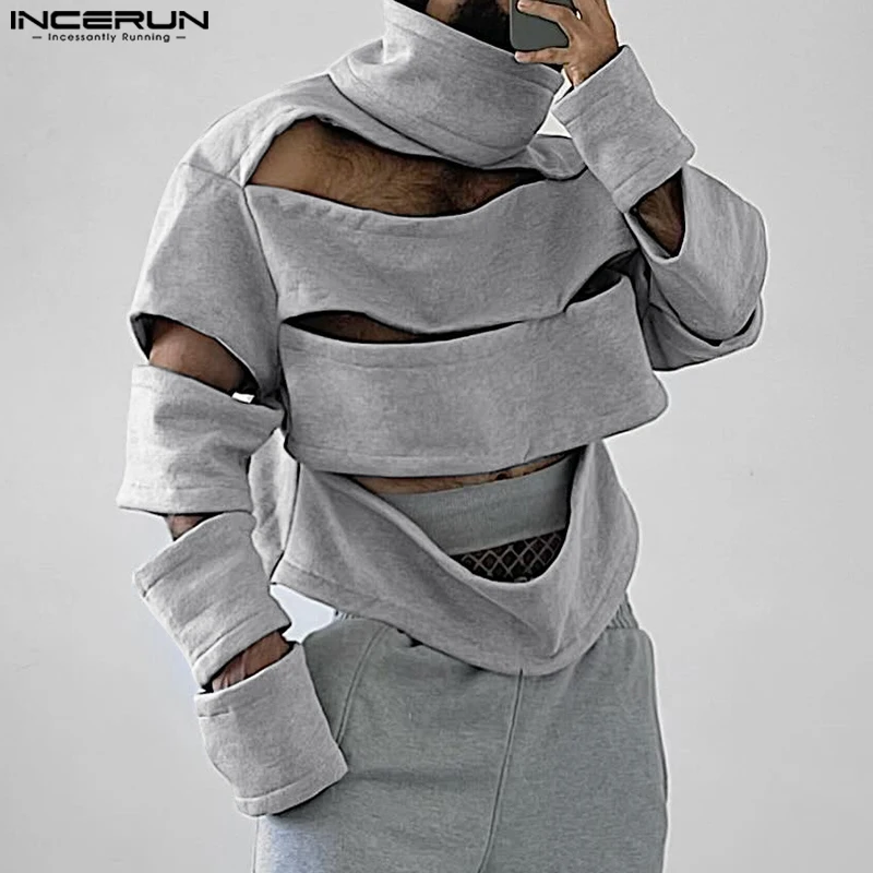 

INCERUN Men High Collar Solid Hoodies 2025 Casual Hollow Out Loose Sweatshirts Handsome Long Sleeve Fashion Streetwear Pullovers