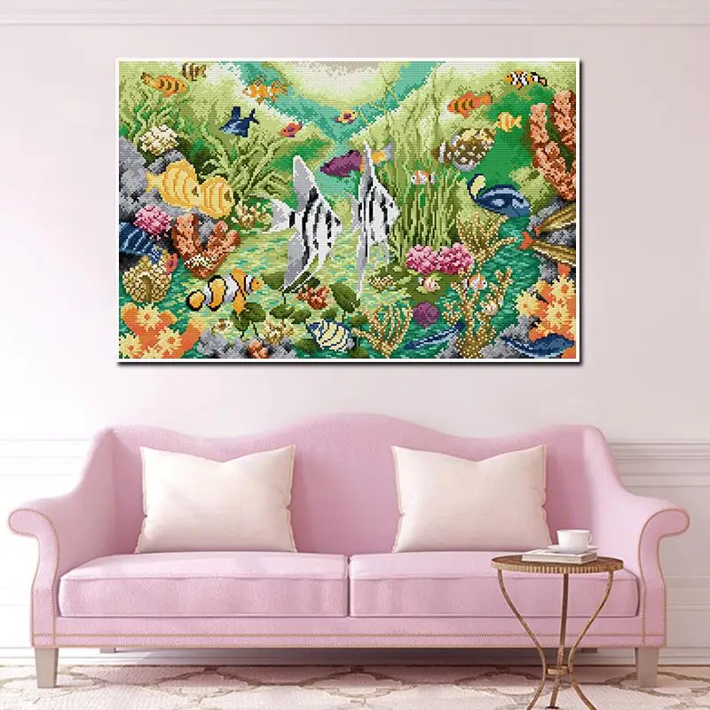 Tropical Fish Joy Sunday Counting Cross Stitch Set Aida 14CT 11CT Printed Canvas Fabric Embroidery Sewing Kit Kids Room Decor