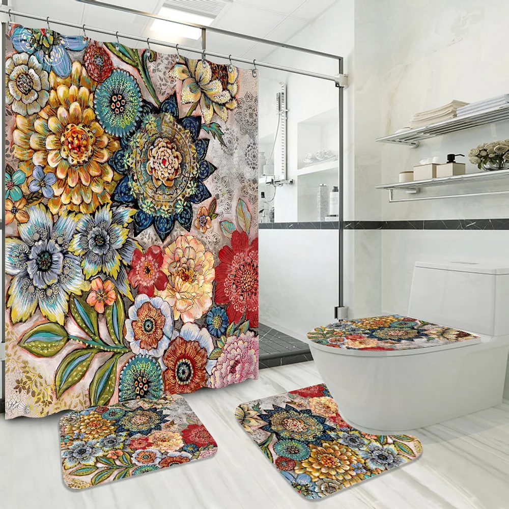 

Retro Flower Shower Curtain Fashion Bathroom Curtains Waterproof Polyester Non-Slip Rugs Toilet Lid Cover Bath Mat Home Decor