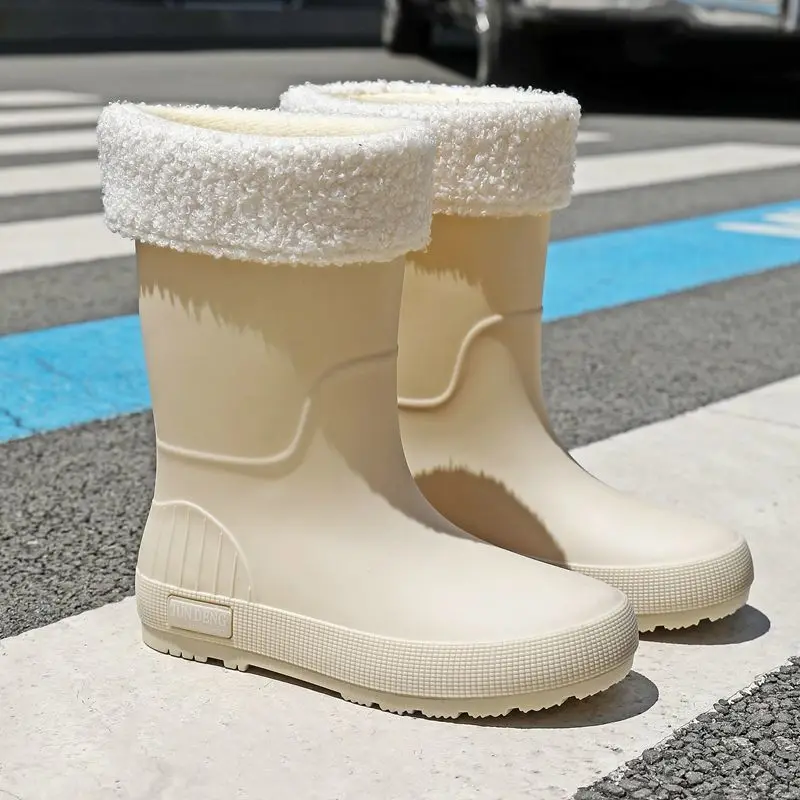 Women's Year Round Durable Rubber Rain Boots Mid Calf Fleece Lined Waterproof Anti Slip Oil Resistant Cleaning Water Shoes