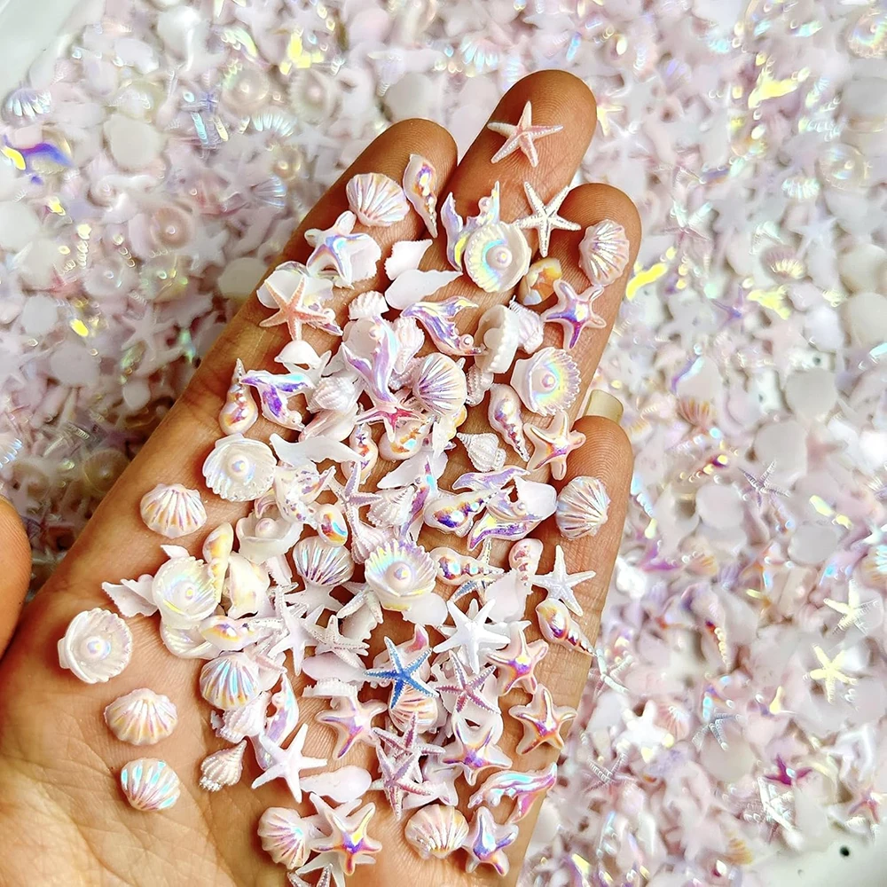 50pcs Summer Beach Ocean Theme Nail Rhinestones Mix Shell Starfish Pink Gems Flat Back Charms Manicure Decor Nail Art Supplies