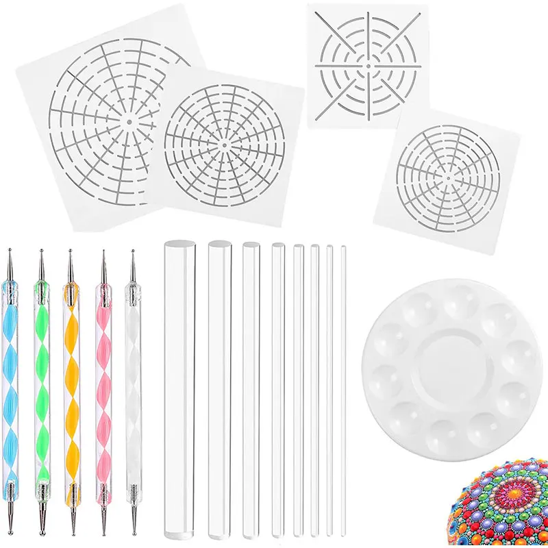 ABWZ-Mandala Art Dotting Tools 18 Set Including 4 Mandala Stencils, 8 Acrylic Rods, Paint Tray, 5 Double Sided Dotting Tools