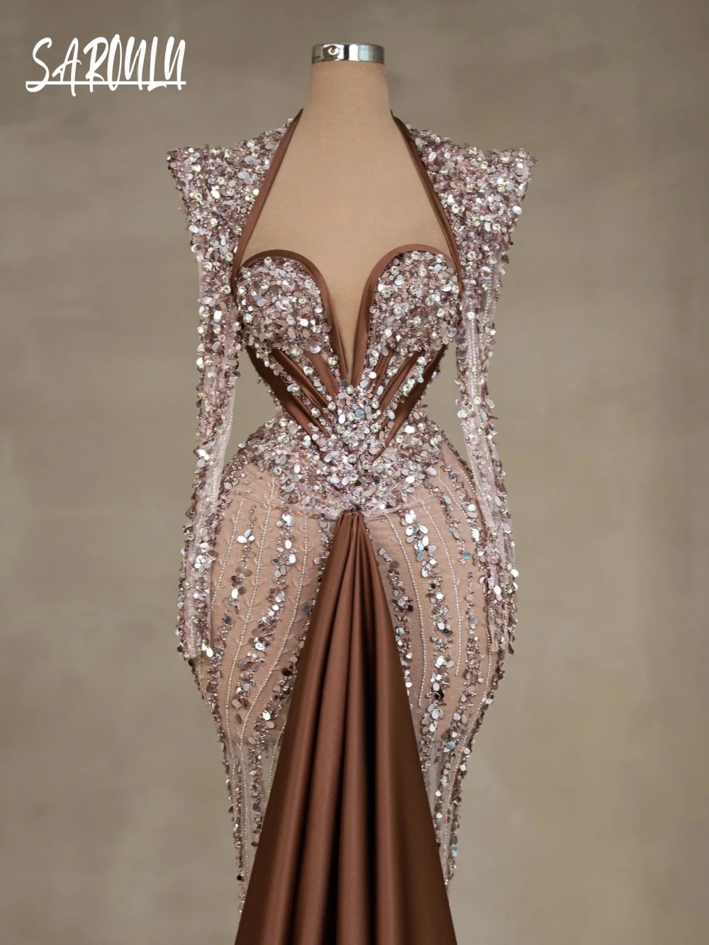 Illusion Sequins Beaded Evening Dress Brown Satin Luxurious Women Cocktail Customized Sexy Party For Formal Occasions Gown