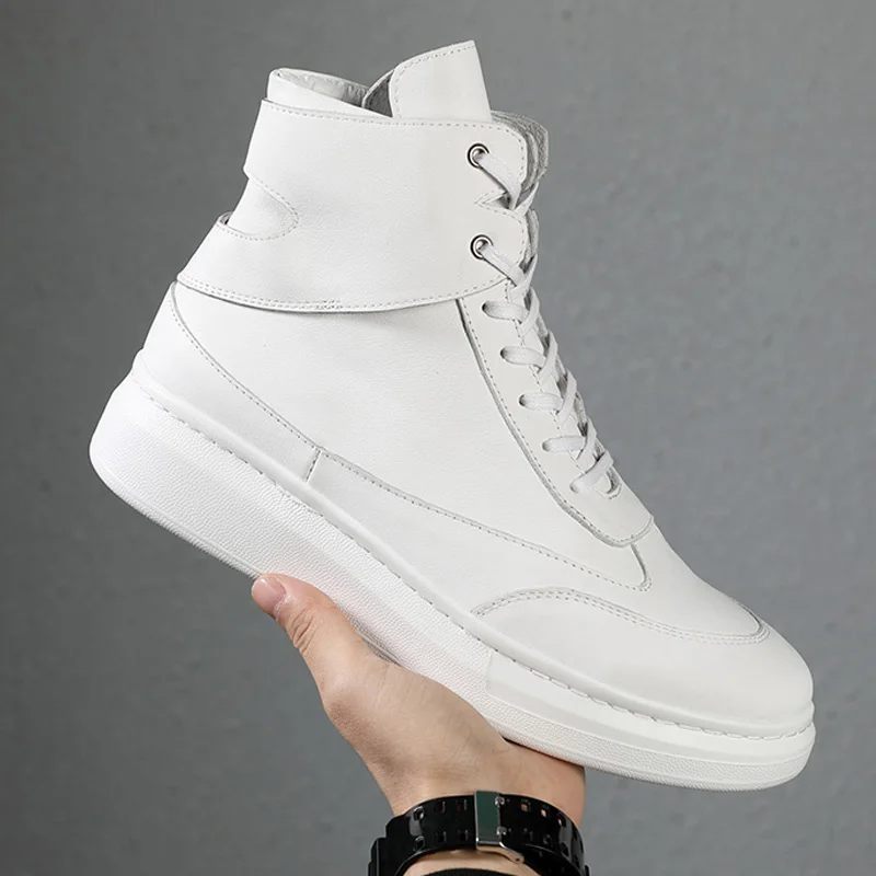 New Spring Autumn High Top Casual Shoes Men Fashion Derby Genuine Leather Thick Sole Outdoor Board Shoes Male White Sneakers