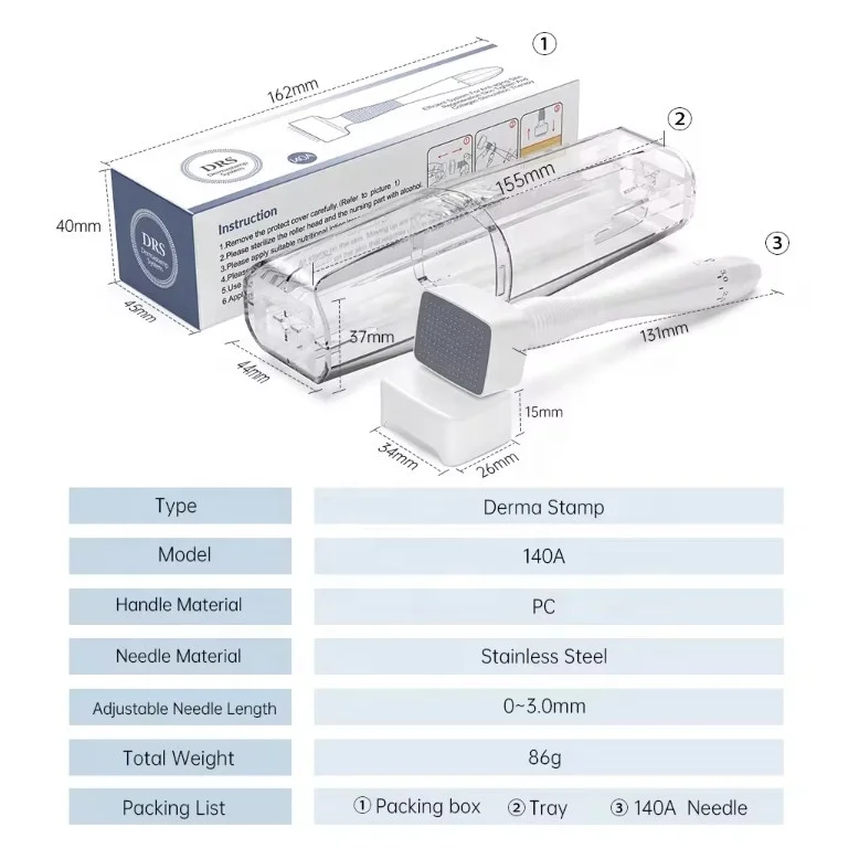 Rodillo Derma DRS140 con microagujas, sello de longitud ajustable, antiedad, antiarrugas, terapia de pérdida de cabello, sistema de rodillo Derma de belleza