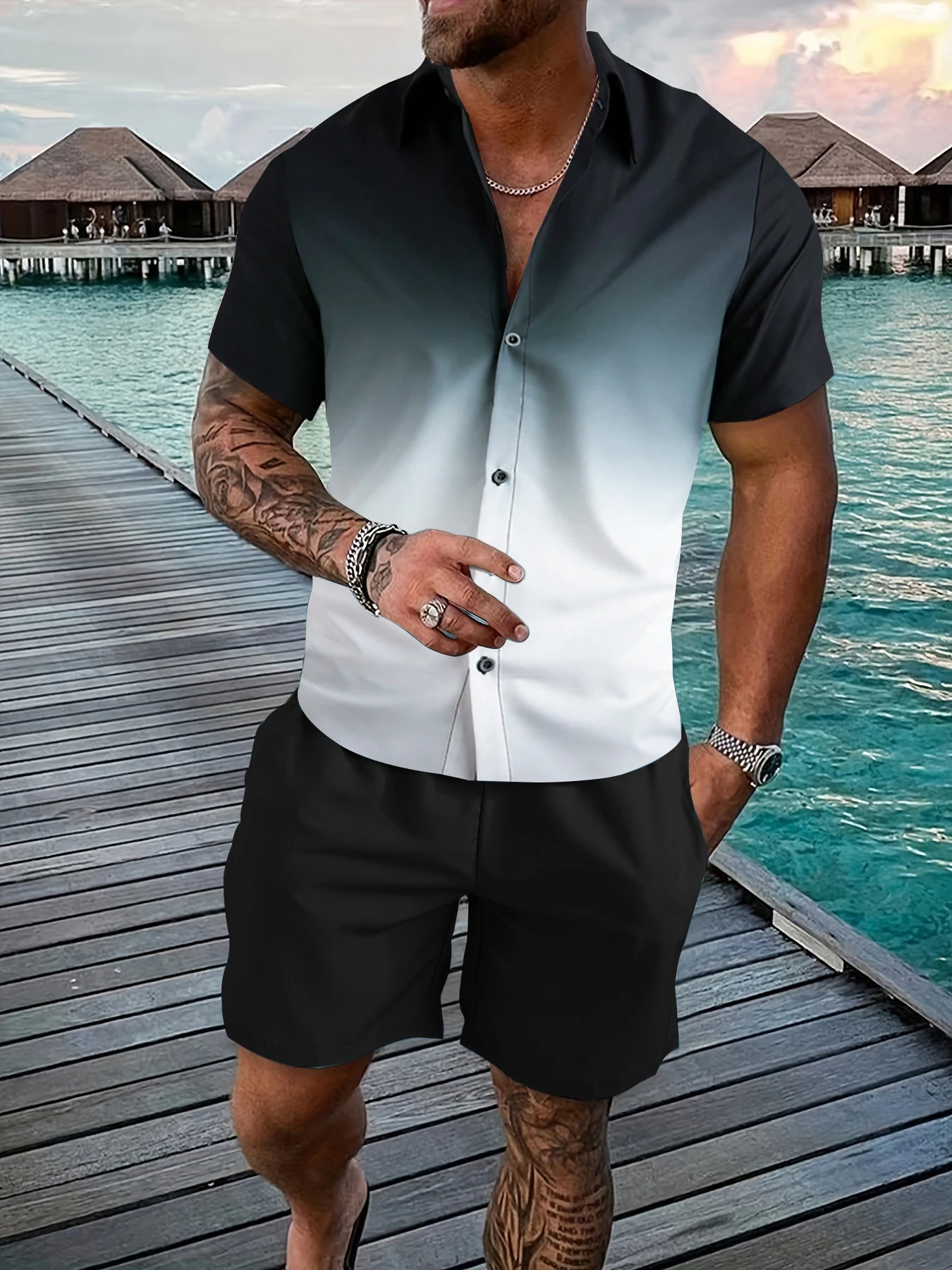 

Men's Summer Casual Set, Breathable Ombre Print Button down Shirt & Drawstring Shorts