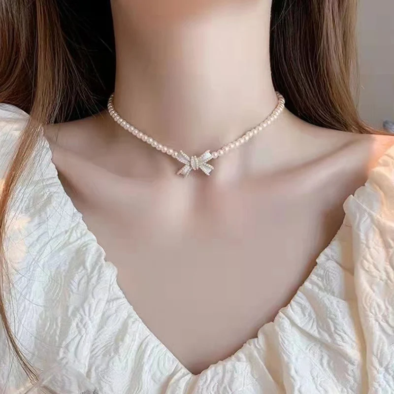 Trend Elegant Jewelry Wedding White Oil Bow Pendant Necklace For Women Fashion White Imitation Pearl Choker Necklace N0430