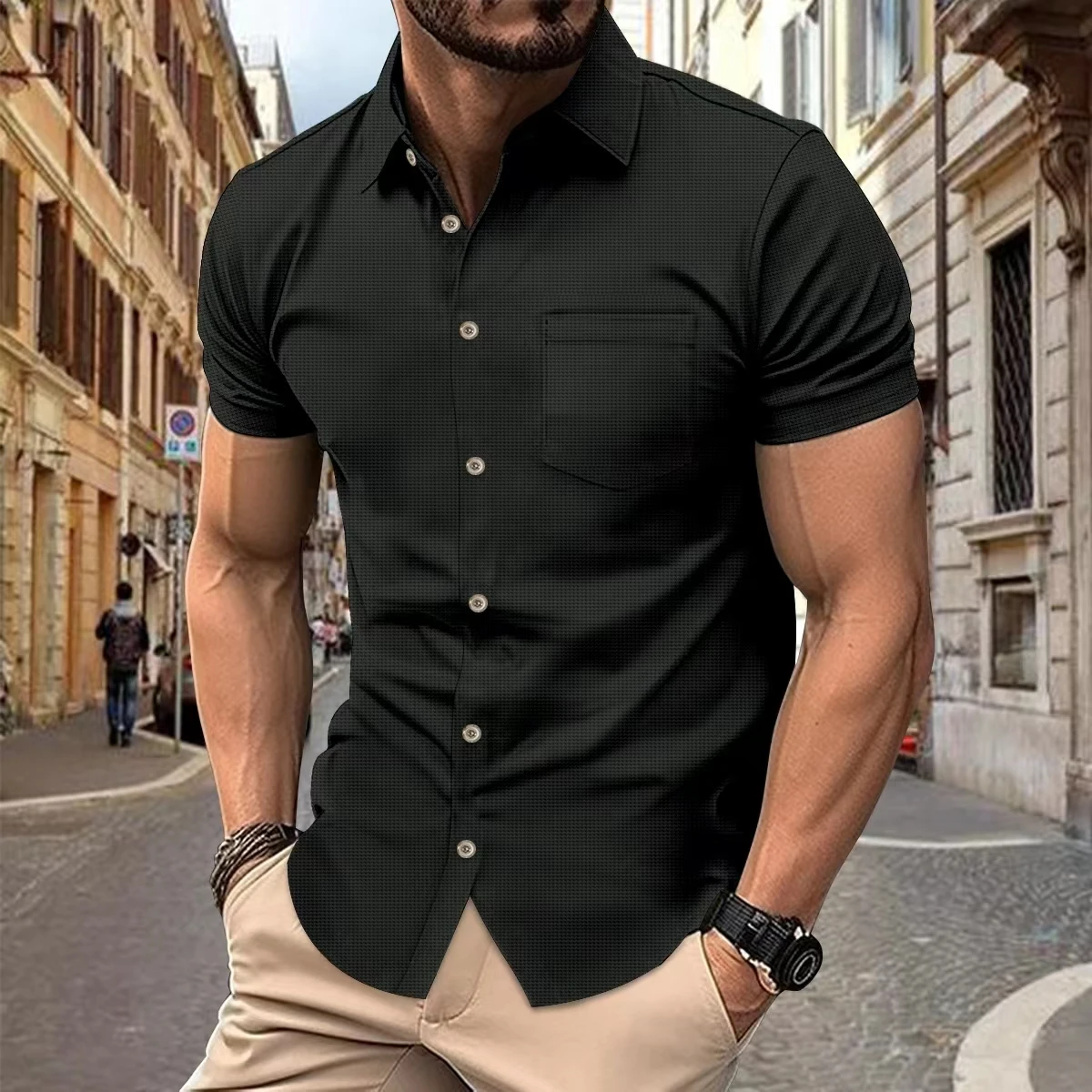 

Summer hot sell men's casual button-up short-sleeved shirt Waffle solid color pocket lapel top