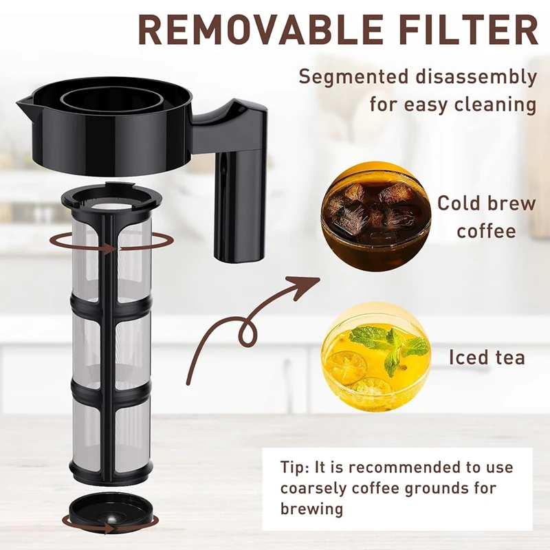 Cold Brew Coffee Maker, 40 Oz Iced Coffee Pitcher With Mesh Filter, Glass Ice Coffee Making Jug For Fridge Black Durable