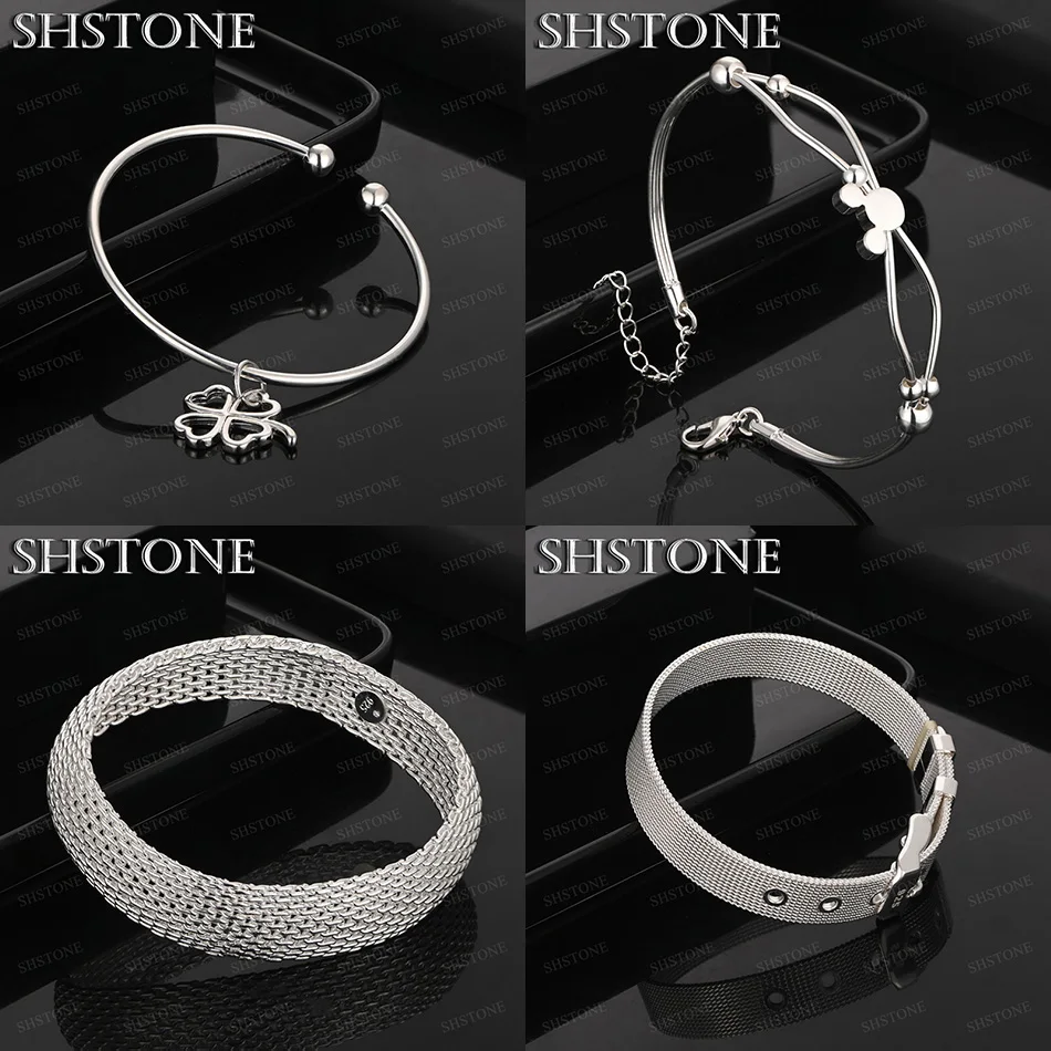 

Fashion 925 Sterling Silver Watchband Mickey Four Leaf Clover Mesh Round Bangles For Men Birthday Party Fine Jewelry Accessories