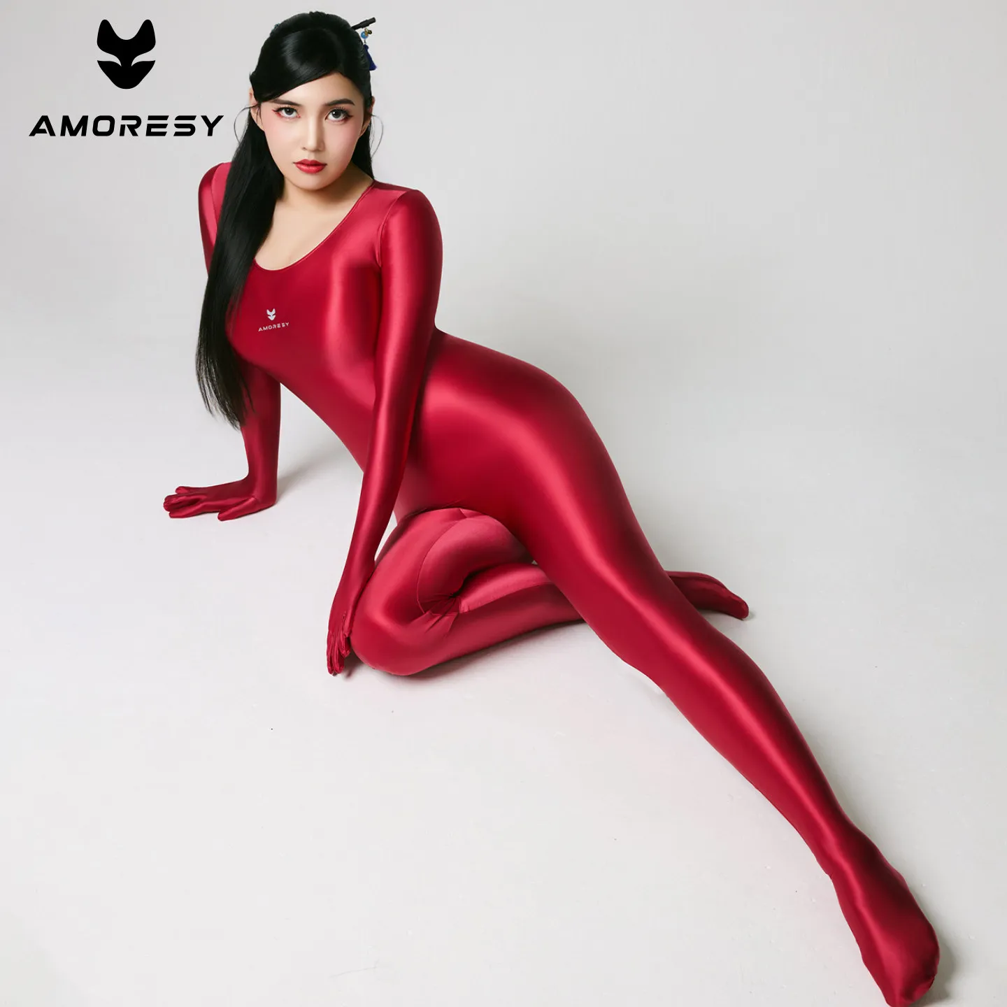 AMORESY Women Satin Oil Gloved and Footed Design Full-Body Catsuit One Piece Jumpsuit Round Neck Tights Cosplay Zentai Bodysuit view 2