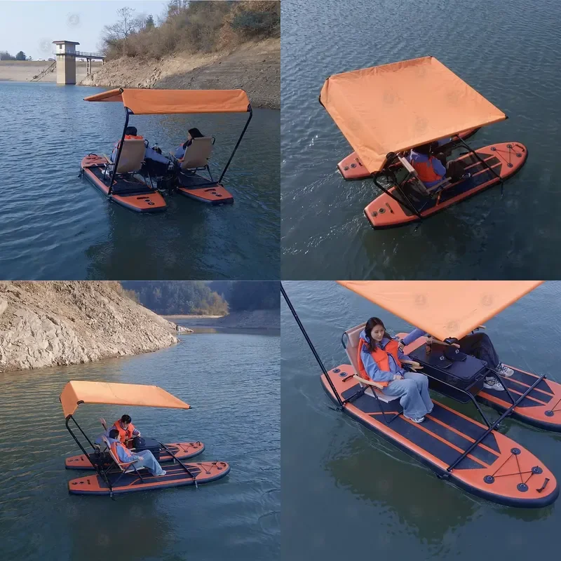 China Factory Custom Inflatable Catamaran with Electric Motor ,Tandem Seating Boat with Sunshade Awning