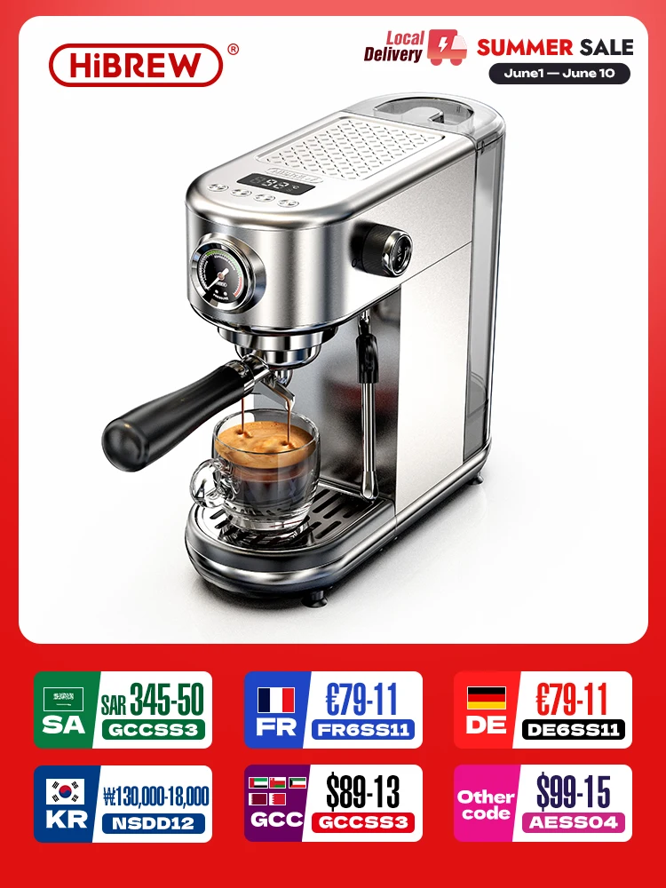 HiBREW 20Bar Semi Automatic Espresso Coffee Machine Temperature Adjustable Cold/Hot Super Slim Coffee Maker Cappuccino H10B